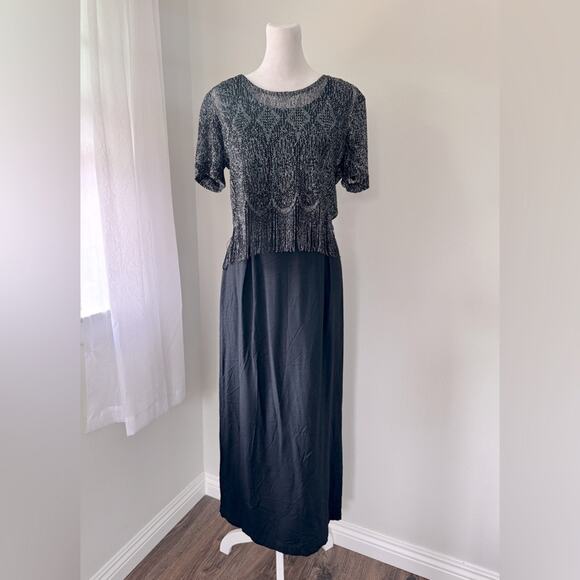 Vintage ‘90s Black Scoop Neck Sleeveless Maxi Dress w/ Metallic Fringed Topper - Picture 1 of 10